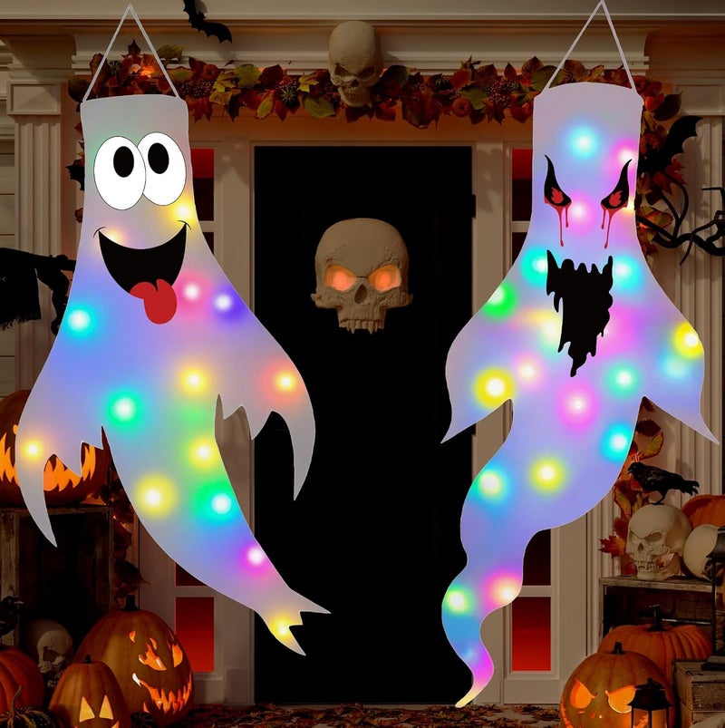Tepoobea Halloween Decorations Outdoor Indoor, 2 Pack Light Up Ghost Decorations with LED Lights, Hanging Ghost Halloween Decor for Yard Porch Garden Lawn Party (2B-2Pack) - Image 1
